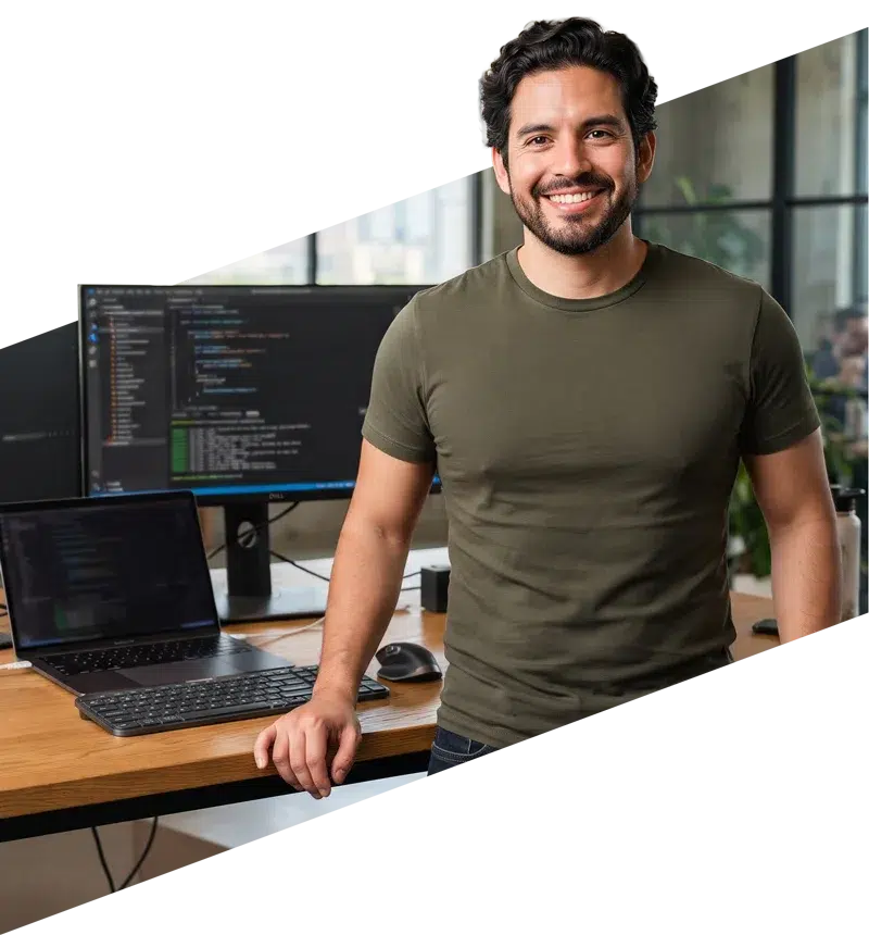 parallelstaff- A man in a green t-shirt smiles while standing by a desk with a laptop and monitors displaying code in a modern office.