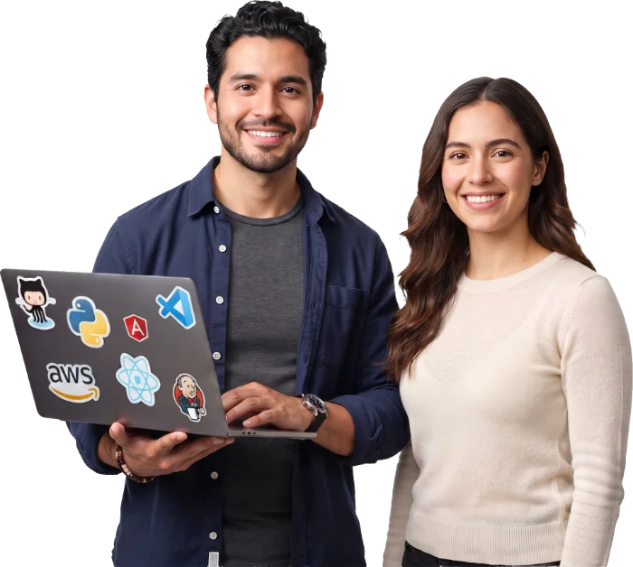 parallelstaff- Two people smiling at the camera. One holds a laptop covered in tech-related stickers, including AWS, GitHub, Python, and React. Both appear happy and casually dressed.