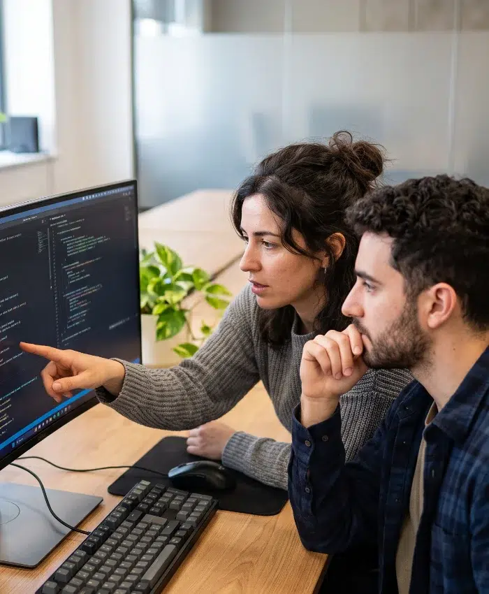 parallelstaff- Two people sit at a desk, looking intently at computer code on a monitor. One person points at the screen while the other observes thoughtfully. A keyboard and a plant are visible on the desk.