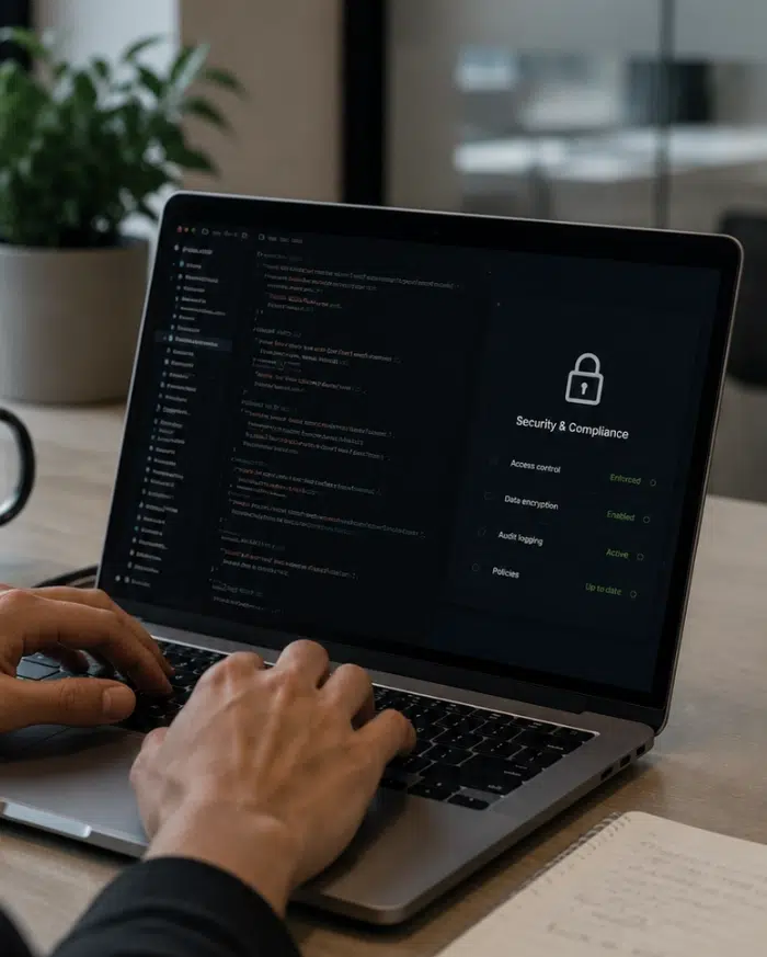 parallelstaff- A person types on a laptop displaying code on the left and a security dashboard on the right, showing compliance statuses such as Enabled and Up to date. A notebook and pen are next to the laptop.