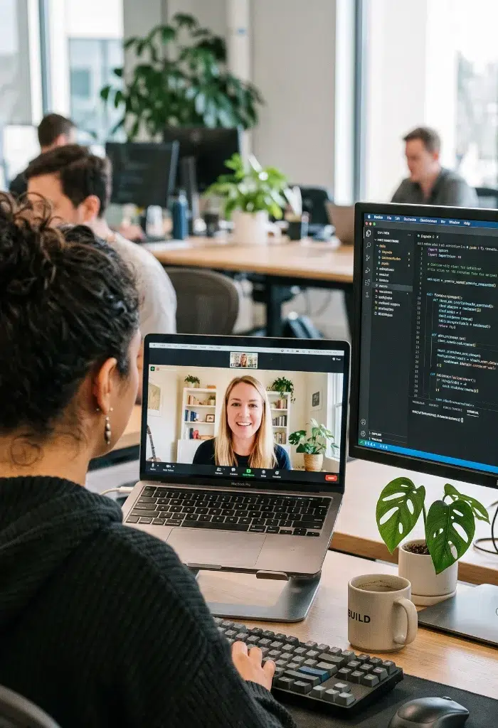 parallelstaff- A person works at a desk with a monitor showing code and a laptop displaying a video call with a smiling woman. Other people work in the background. A coffee mug and a small plant sit on the desk.