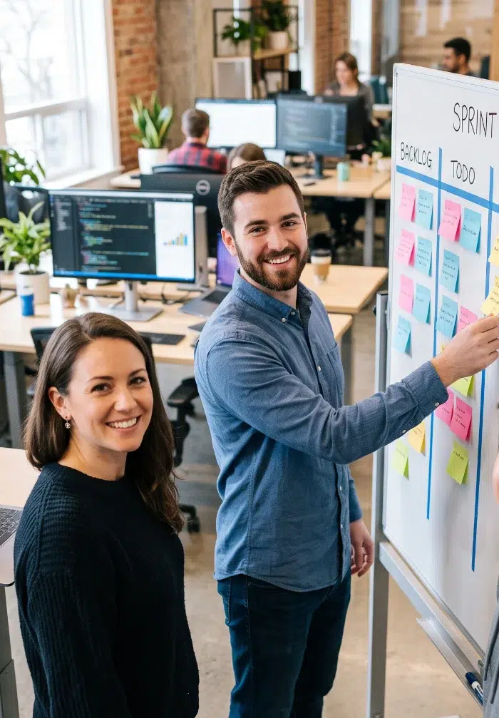 parallelstaff- Two people smiling at the camera while standing by a whiteboard covered in colorful sticky notes in a modern office with computers and colleagues in the background.