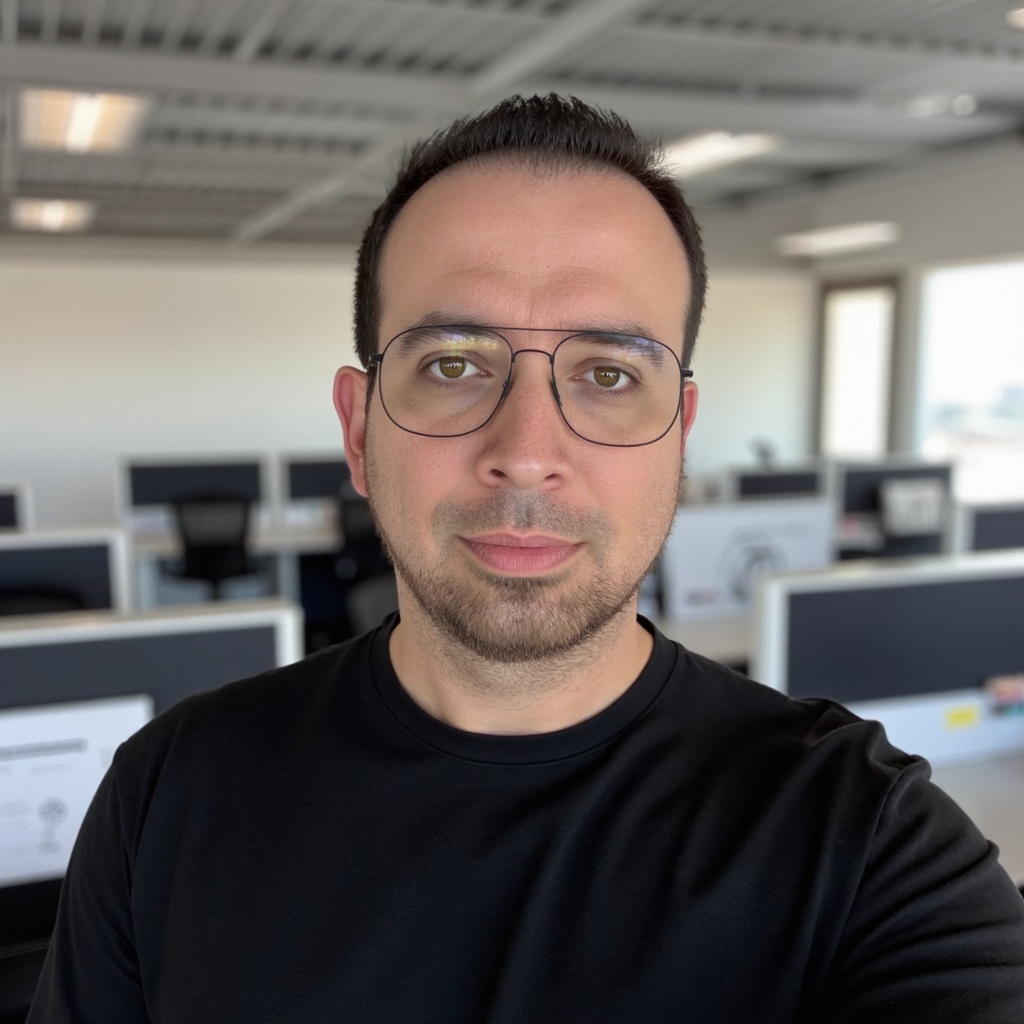 parallelstaff- A man with glasses and a short beard, wearing a black shirt, stands in an empty modern office with rows of desks and computers in the background.