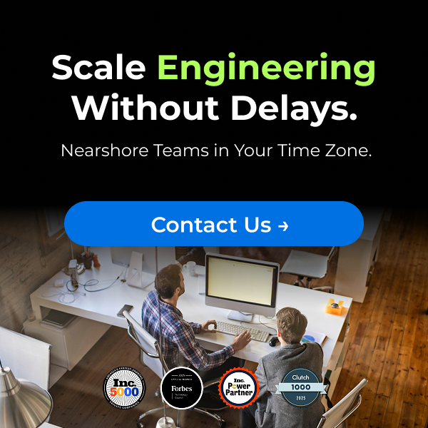 parallelstaff- Two people work at computers in a modern office. Text reads Scale Engineering Without Delays. Nearshore Teams in Your Time Zone. A blue Contact Us button is shown, along with four award badges across the bottom.