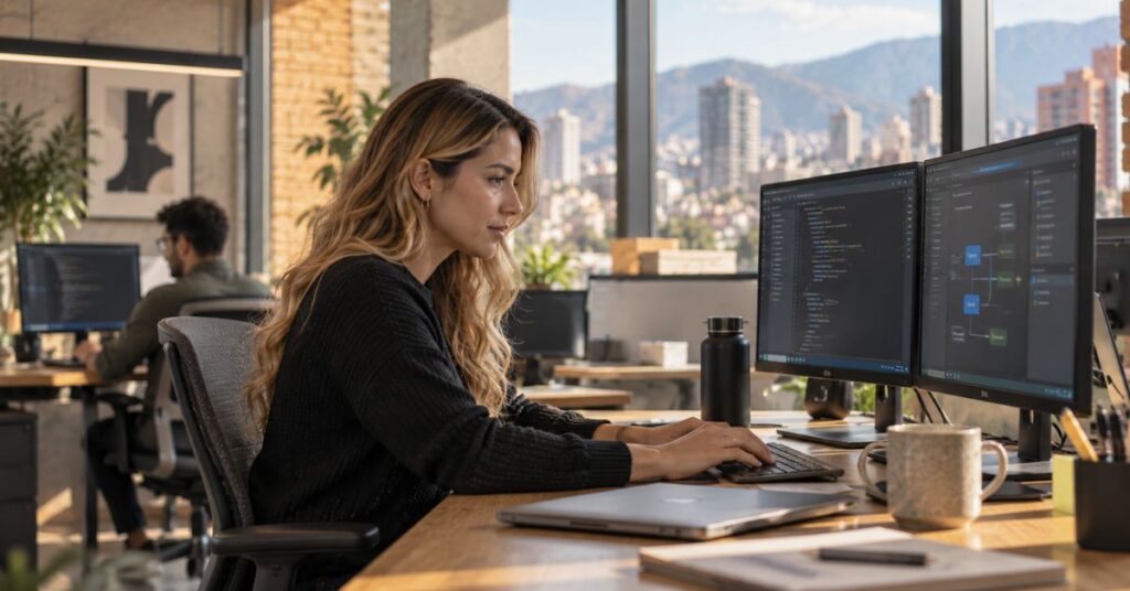 Latin American software developer working from a modern technology workspace
