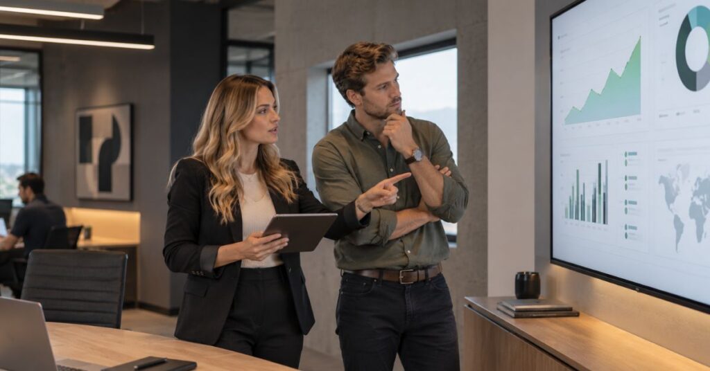 Technology leaders reviewing nearshore development performance and business outcomes