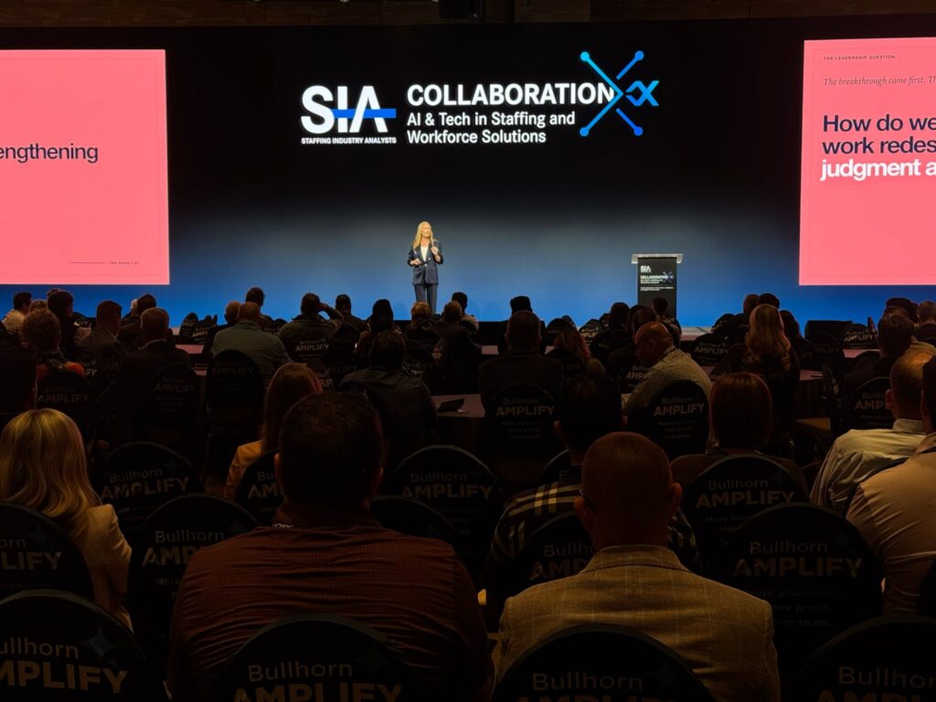Speaker presenting at SIA CollaborationX 2026 during a session on AI and technology in staffing and workforce solutions.