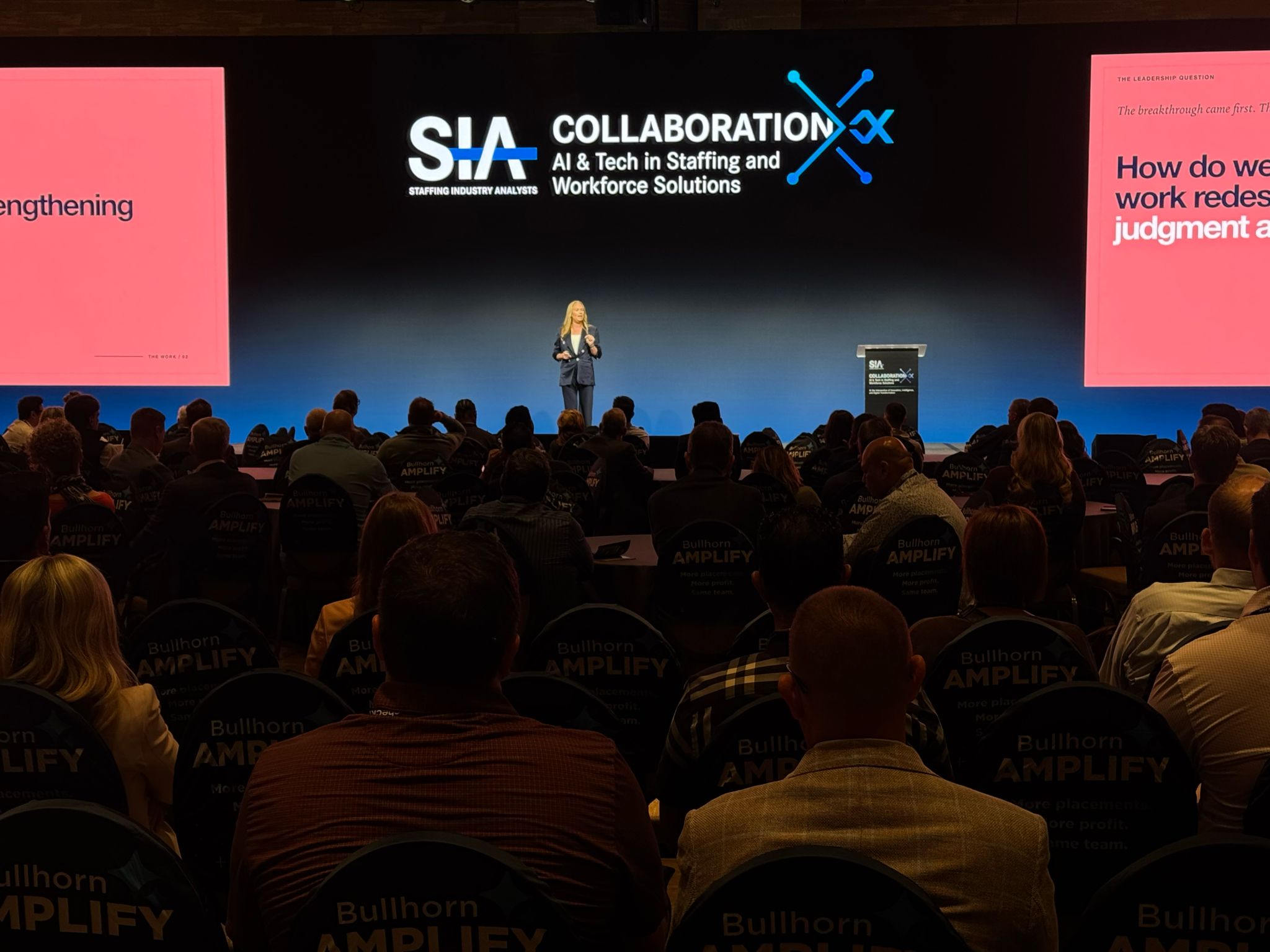 Speaker presenting at SIA CollaborationX 2026 during a session on AI and technology in staffing and workforce solutions.
