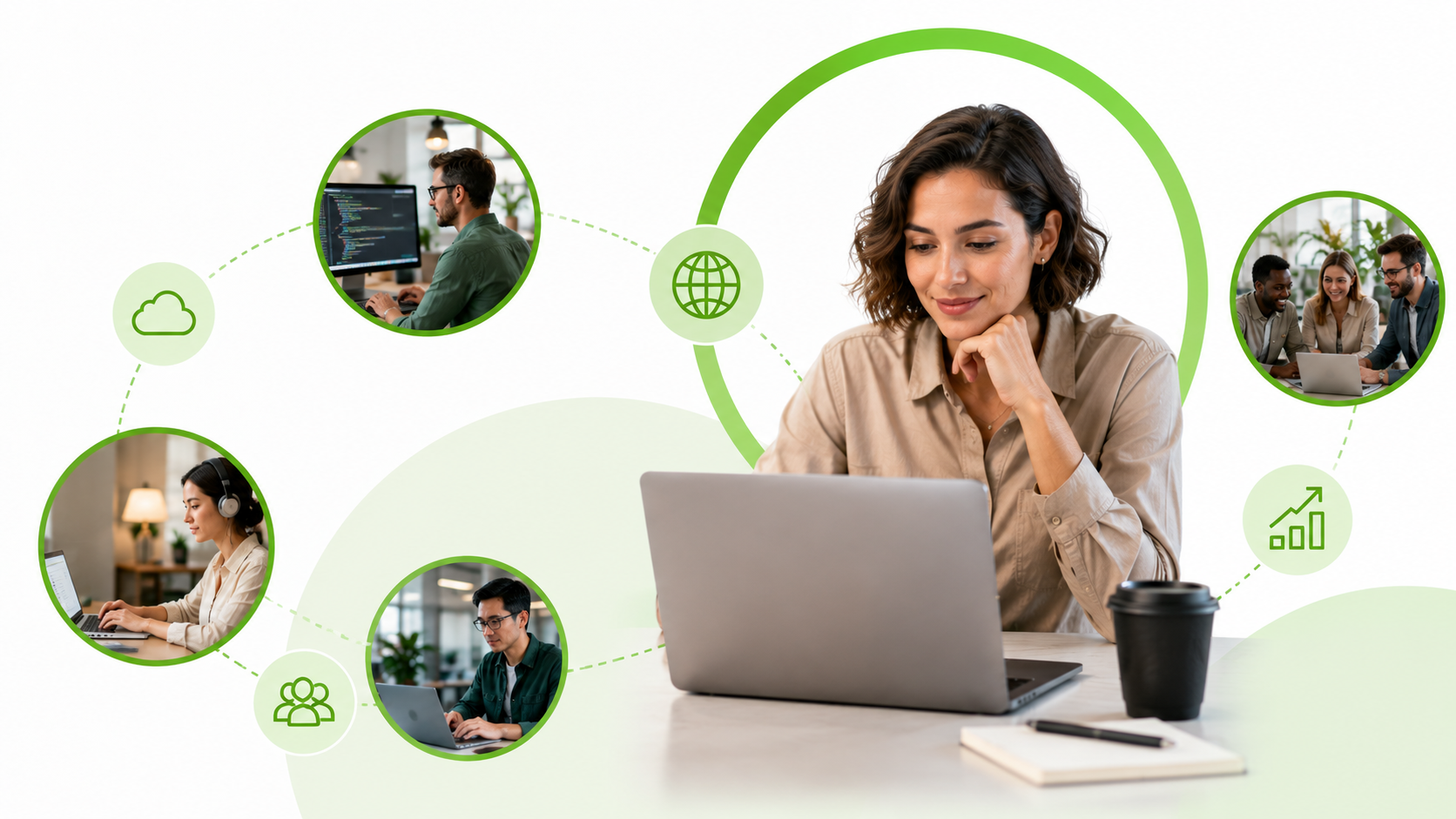 Nearshore dedicated team model connecting distributed software engineers across Latin America with cloud collaboration, communication, and engineering growth.