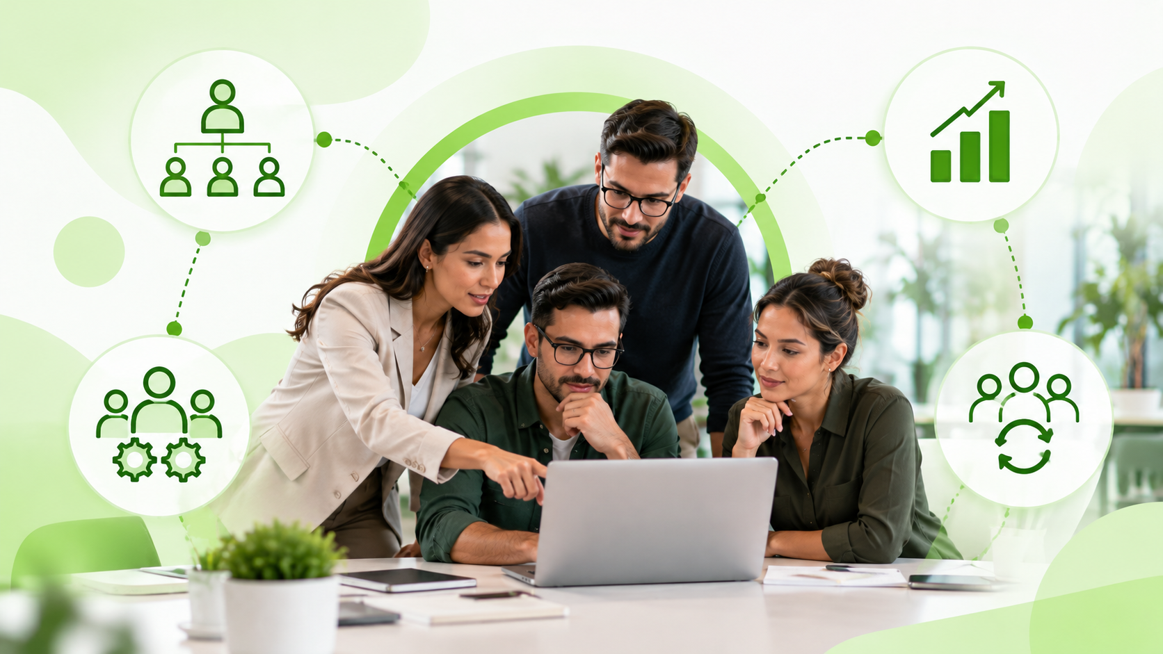 Engineering team collaborating around a laptop with management structure, team coordination, scaling, and delivery growth icons illustrating how leadership affects nearshore development speed.