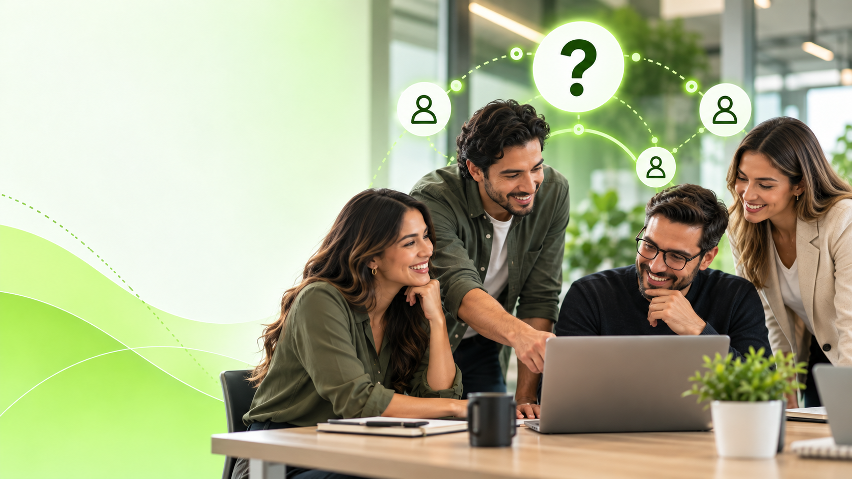 Nearshore software development team collaborating around a laptop with connected team icons and a question mark representing frequently asked questions about nearshore engineering.