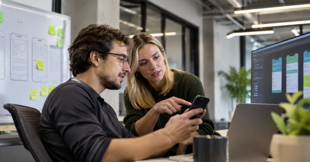 Dedicated mobile app development team testing and improving an application across devices