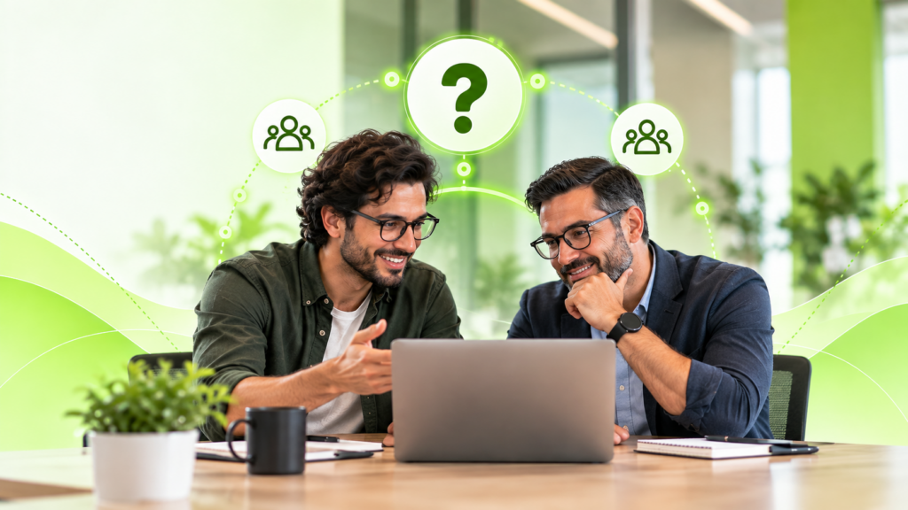 Two technology leaders reviewing a nearshore dedicated team model together, with connected team icons and a question mark representing common questions about nearshore engineering teams.