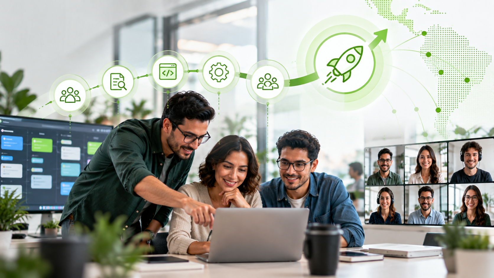 Nearshore engineering team collaborating across agile workflows, software development, remote team integration, and product launch stages to support faster time to market.
