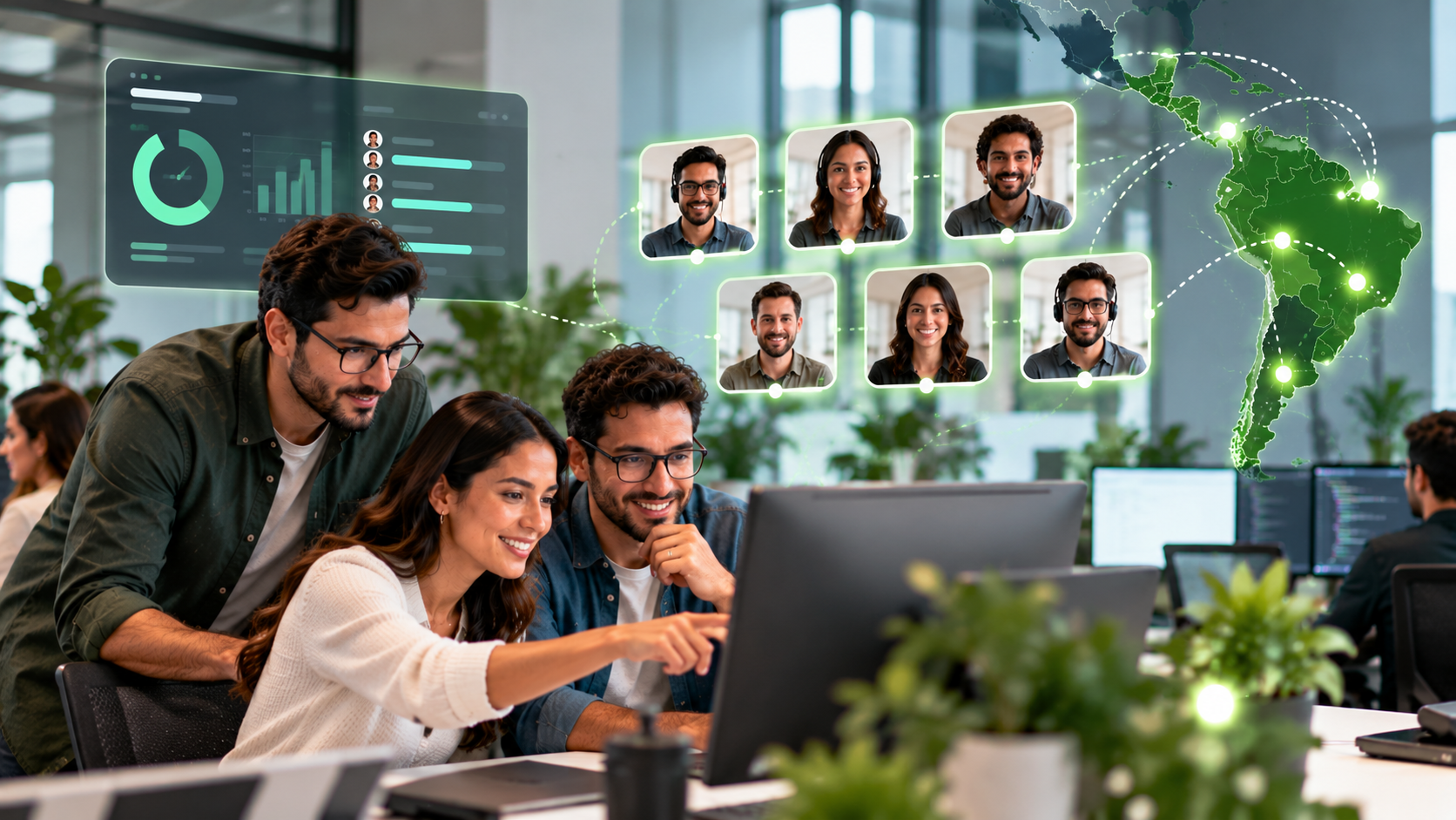 Dedicated nearshore engineering team collaborating as a persistent software unit, with connected LATAM developers and distributed team structure.
