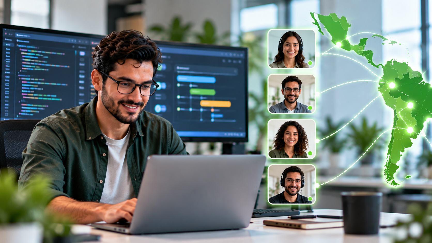 Nearshore software engineer collaborating with an established engineering organization, supported by connected LATAM developer profiles and remote team workflows.