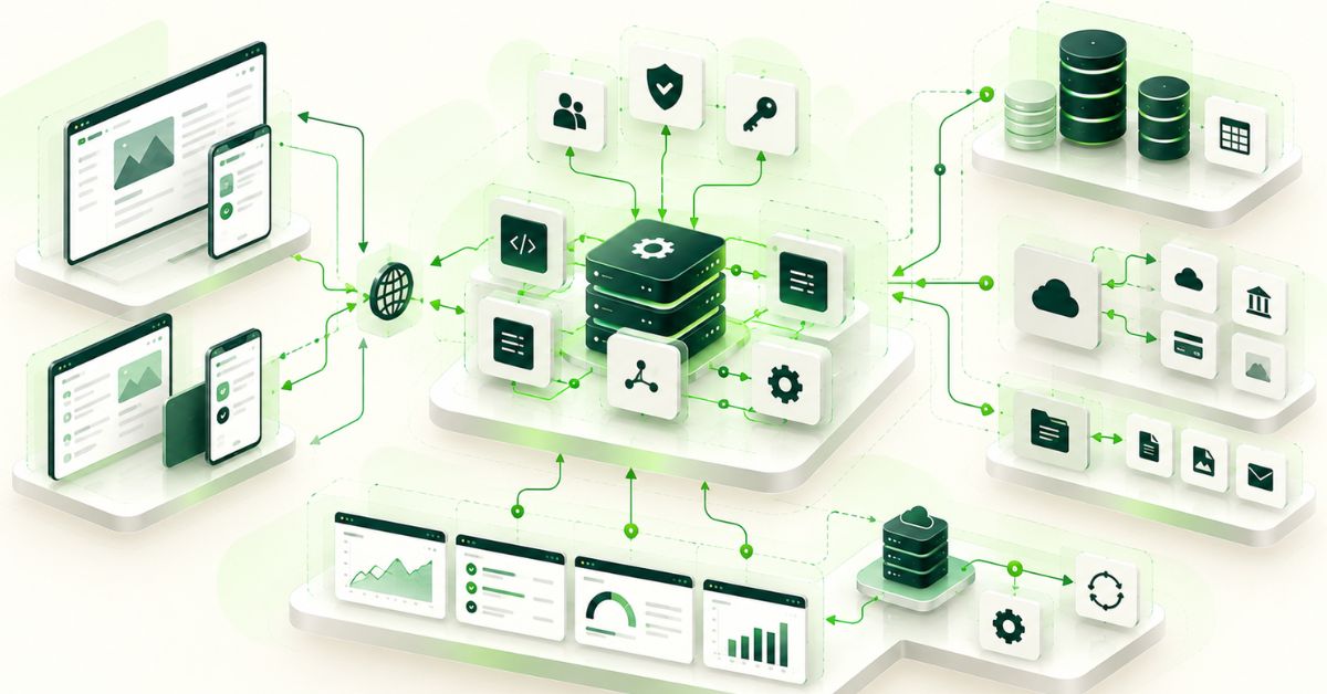 Backend system architecture showing APIs, databases, integrations, security and monitoring