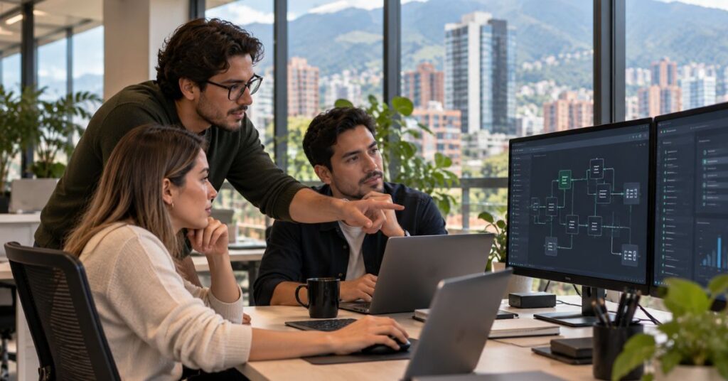 Colombian software engineers collaborating in a modern technology office