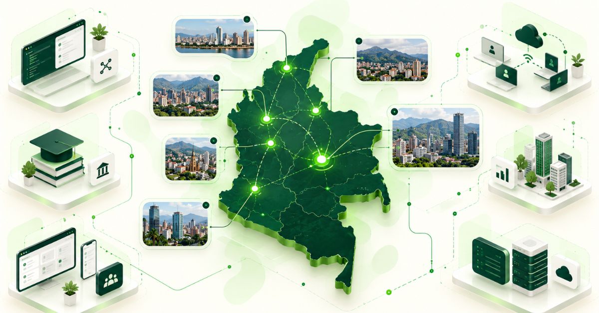 Map of Colombia's software development talent hubs including Bogotá, Medellín, Cali and Bucaramanga