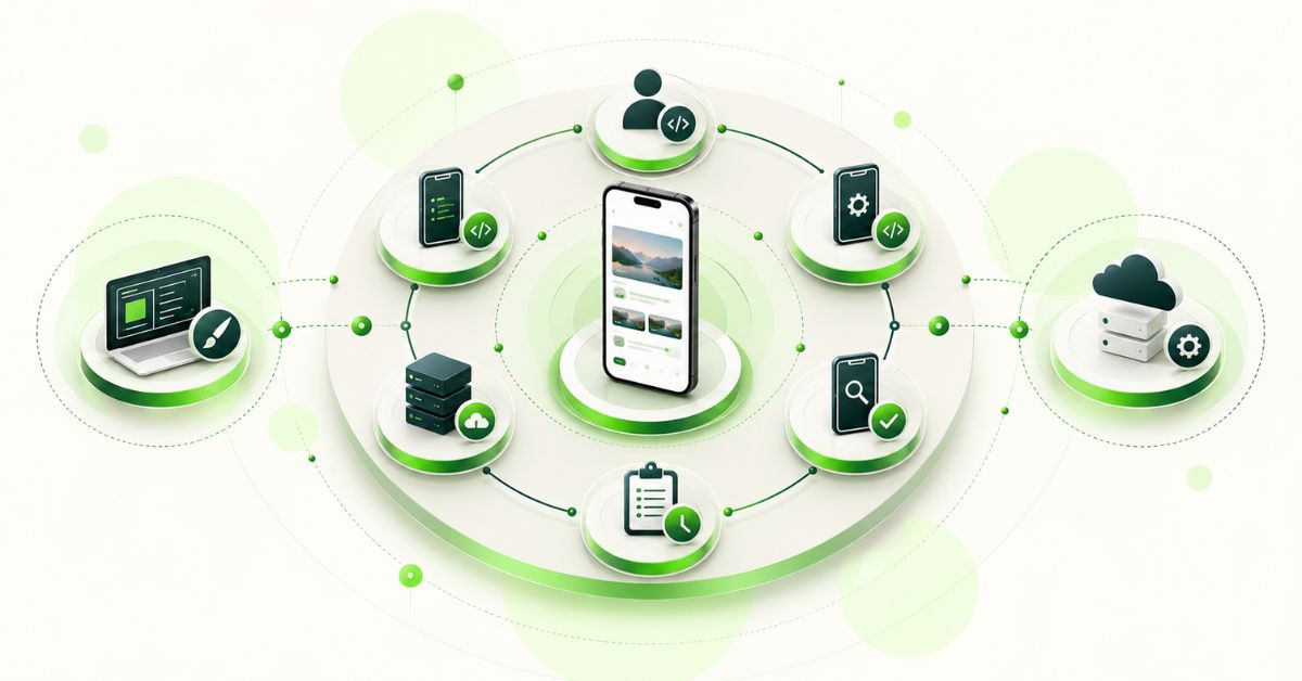 Dedicated mobile app team structure with core engineering roles and flexible design and DevOps support
