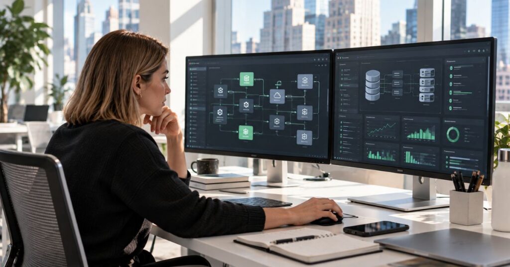 Backend developer reviewing API architecture, databases and system monitoring