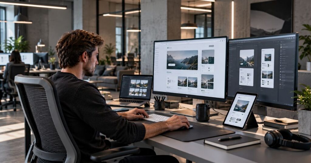 Web developer building and testing a responsive website in a modern studio