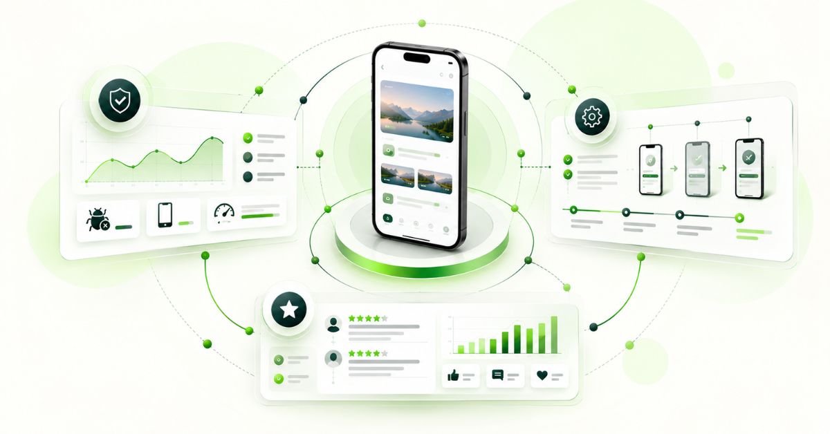 Mobile app development quality dashboard showing stability, release frequency and user ratings