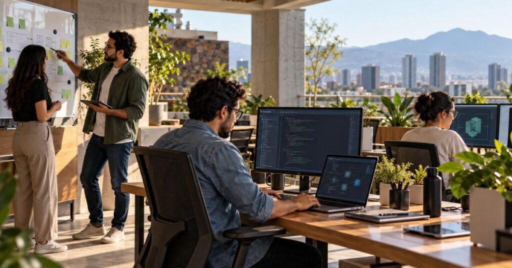 Mexican software engineering team working in a modern technology workspace