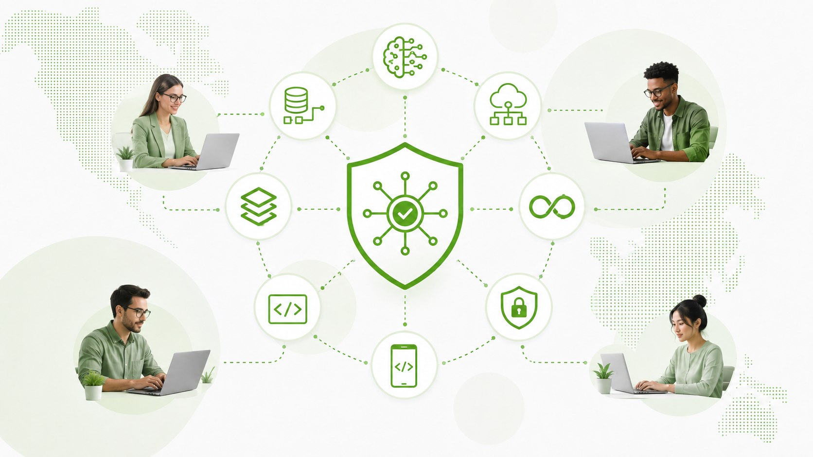 Distributed nearshore software engineers connected through secure cloud infrastructure, code, data, AI, and cybersecurity controls across global development environments.